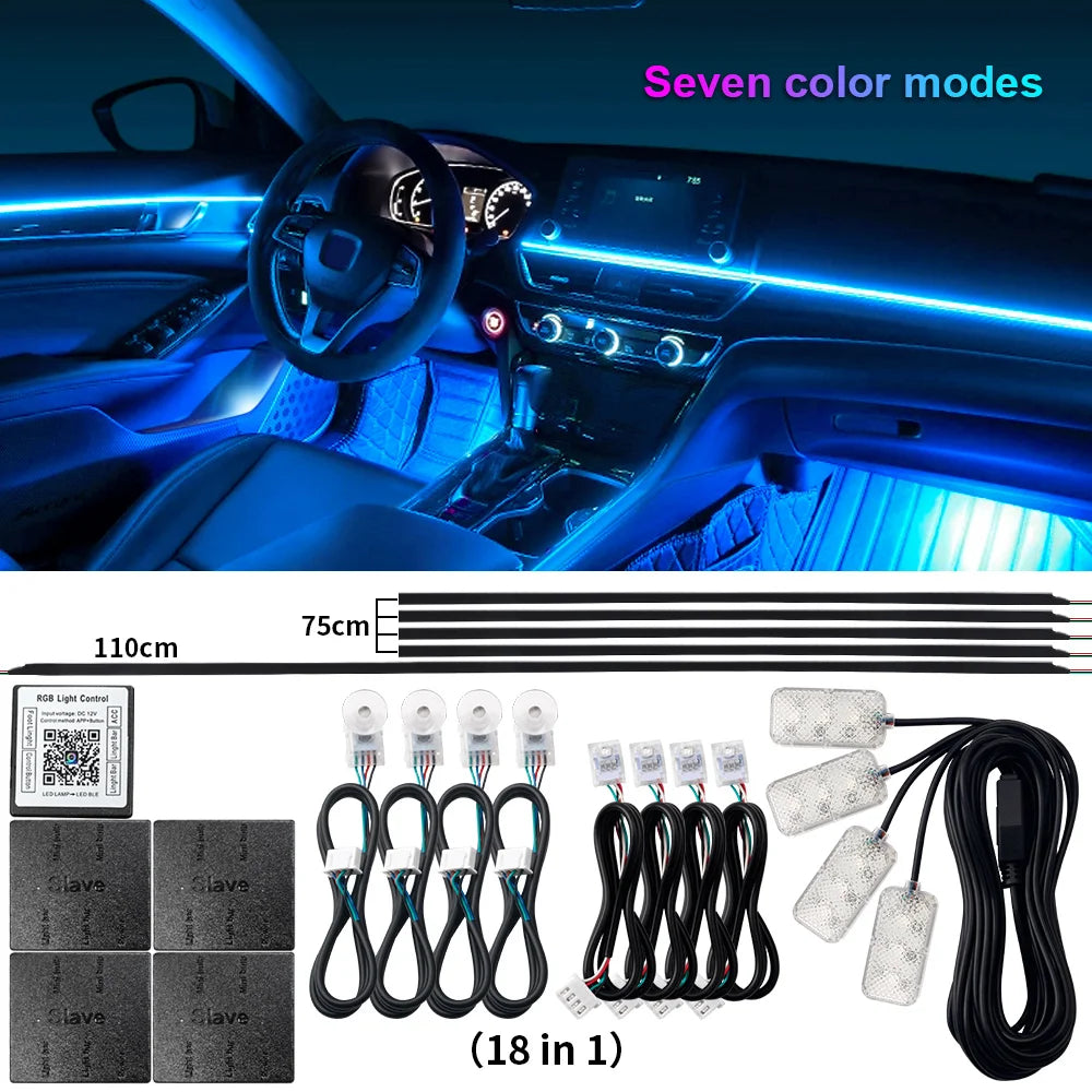 18 in 1 Car Ambient Light Interior RGB Neon Acrylic Strip Atmosphere Lighting Kit
