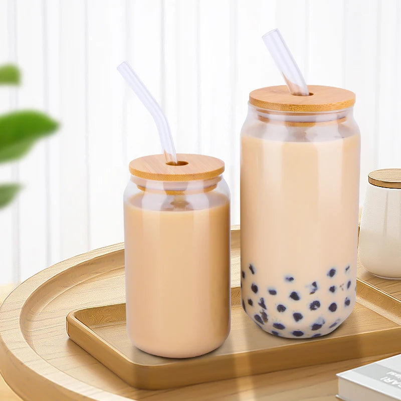 Glass Cup With Straw and Bamboo Lid Transparent Cup Cold Drinking Glass