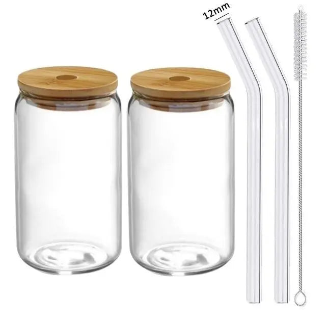 Glass Cup With Straw and Bamboo Lid Transparent Cup Cold Drinking Glass