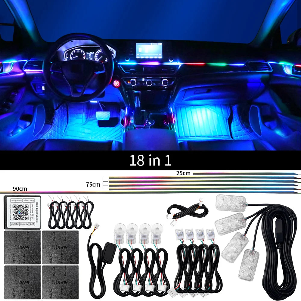 18 in 1 Car Ambient Light Interior RGB Neon Acrylic Strip Atmosphere Lighting Kit